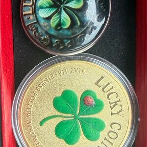 Lucky Coin with Four-Leaf Clover Design and a pin